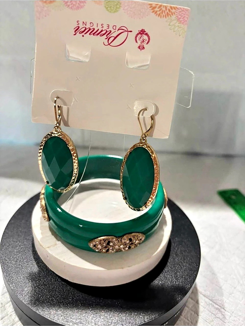 NWT Retired Premier Designs Green Statement Earrings & Bracelet